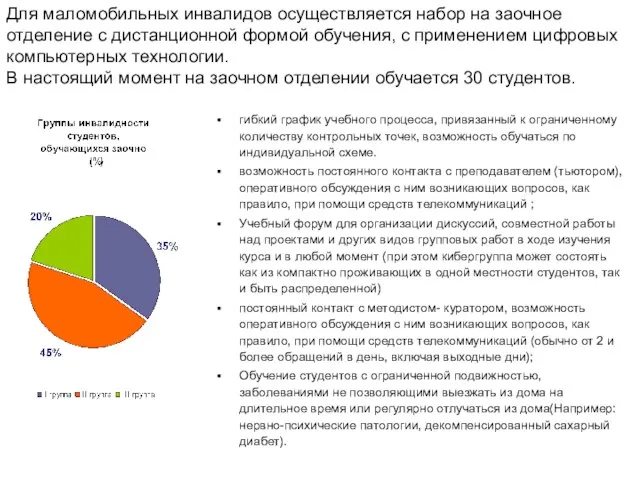 Для маломобильных инвалидов осуществляется набор на заочное отделение с дистанционной формой обучения,