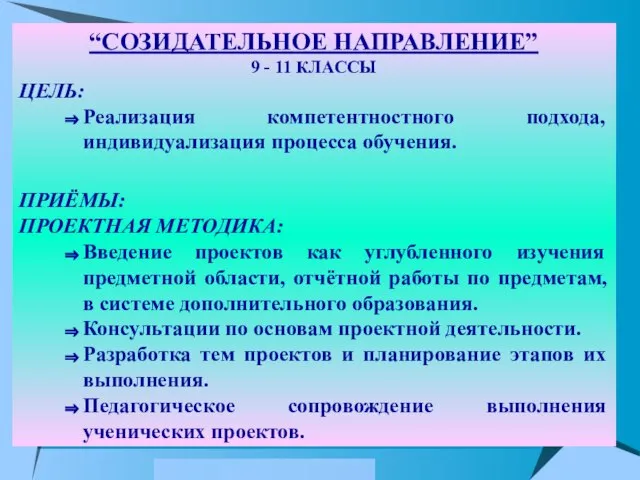 “СОЗИДАТЕЛЬНОЕ НАПРАВЛЕНИЕ” 9 - 11 КЛАССЫ ЦЕЛЬ: Реализация компетентностного подхода, индивидуализация процесса