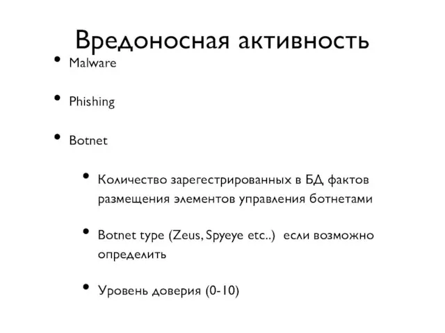 Вредоносная активность Malware Phishing Botnet Количество зарегестрированных в БД фактов размещения элементов