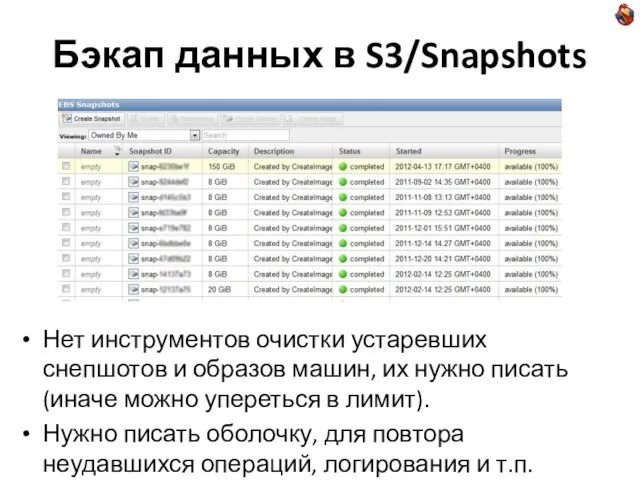 Бэкап данных в S3/Snapshots Нет инструментов очистки устаревших снепшотов и образов машин,