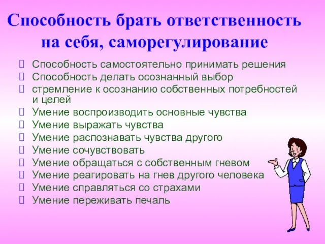 Способность брать ответственность на себя, саморегулирование Способность самостоятельно принимать решения Способность делать