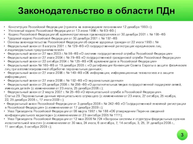 3 Законодательство в области ПДн Конституция Российской Федерации (принята на всенародном голосовании