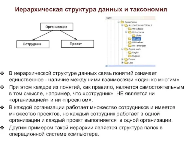 Иерархическая структура данных и таксономия В иерархической структуре данных связь понятий означает