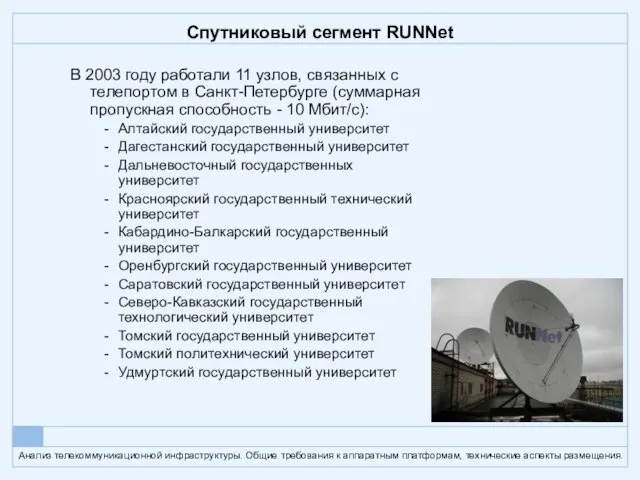 Спутниковый сегмент RUNNet В 2003 году работали 11 узлов, связанных с телепортом