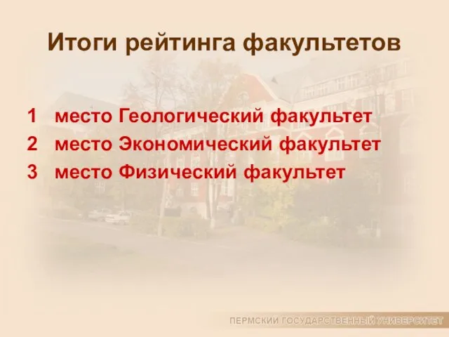 Итоги рейтинга факультетов 1 место Геологический факультет 2 место Экономический факультет 3 место Физический факультет