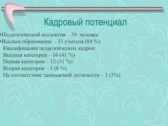 Педагогический коллектив – 39 человек Высшее образование - 33 учителя (84 %)