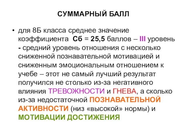 СУММАРНЫЙ БАЛЛ для 8Б класса среднее значение коэффициента Сб = 25,5 баллов