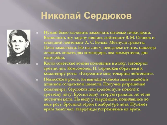 Николай Сердюков Нужно было заставить замолчать огневые точки врага. Выполнить эту задачу