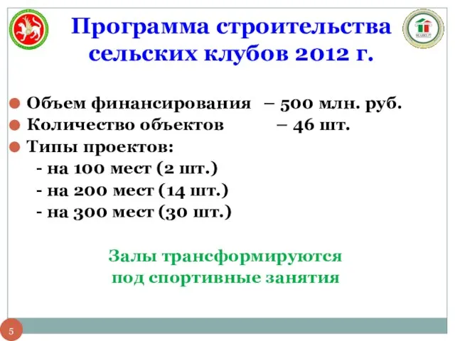 Программа строительства сельских клубов 2012 г. Объем финансирования – 500 млн. руб.