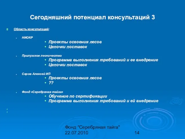 Фонд "Серебряная тайга" 22.07.2010 Сегодняшний потенциал консультаций 3 Область консультаций: НИОКР Проекты