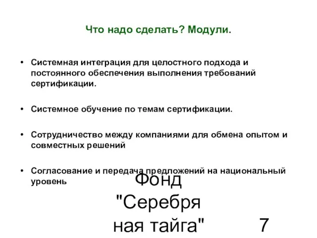 Фонд "Серебряная тайга" 22.07.2010 Что надо сделать? Модули. Системная интеграция для целостного