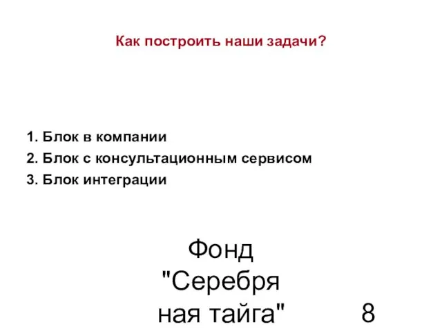 Фонд "Серебряная тайга" 22.07.2010 Как построить наши задачи? 1. Блок в компании