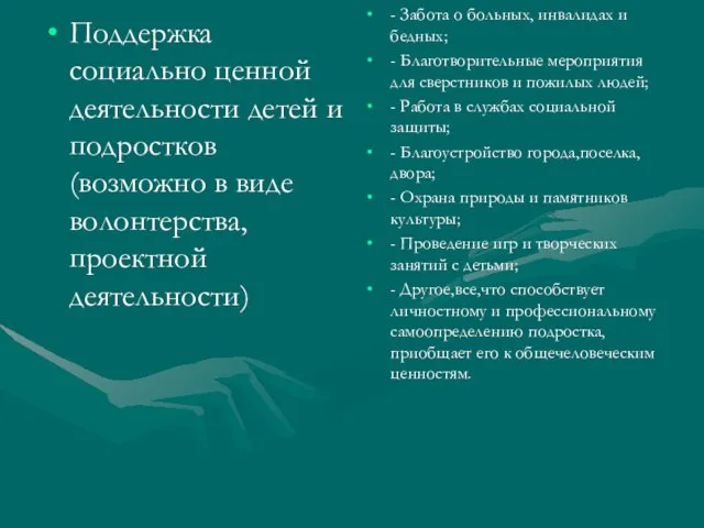 Поддержка социально ценной деятельности детей и подростков (возможно в виде волонтерства, проектной