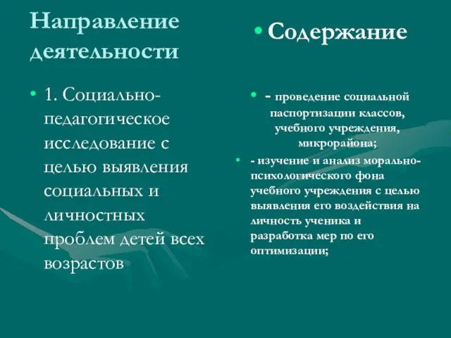 Направление деятельности 1. Социально-педагогическое исследование с целью выявления социальных и личностных проблем