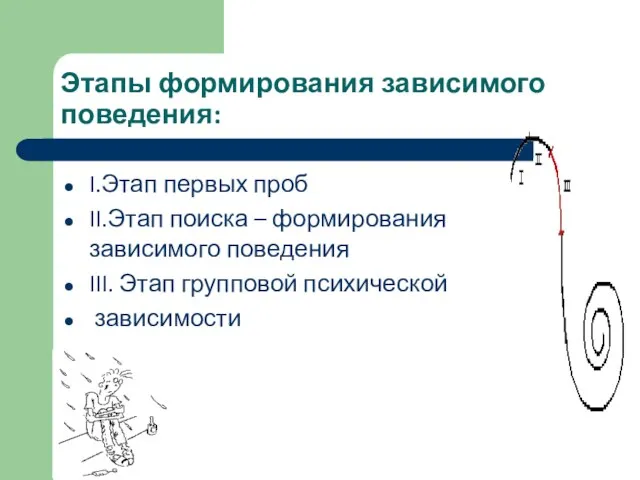 Этапы формирования зависимого поведения: I.Этап первых проб II.Этап поиска – формирования зависимого