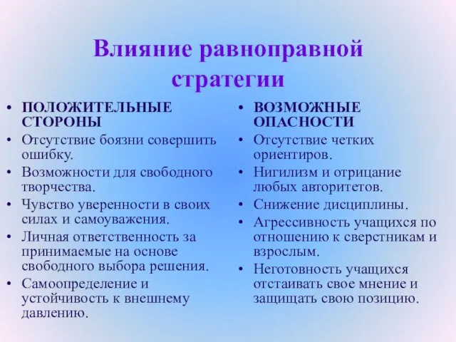 Влияние равноправной стратегии ПОЛОЖИТЕЛЬНЫЕ СТОРОНЫ Отсутствие боязни совершить ошибку. Возможности для свободного