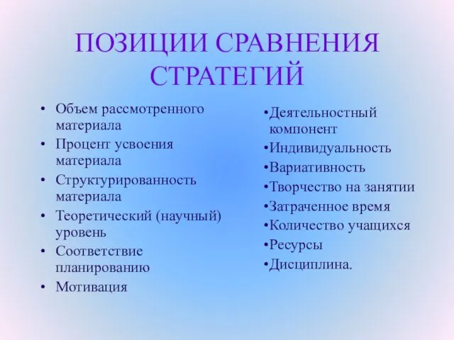 ПОЗИЦИИ СРАВНЕНИЯ СТРАТЕГИЙ Объем рассмотренного материала Процент усвоения материала Структурированность материала Теоретический