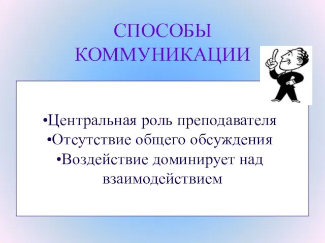 СПОСОБЫ КОММУНИКАЦИИ Центральная роль преподавателя Отсутствие общего обсуждения Воздействие доминирует над взаимодействием