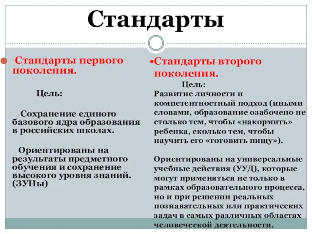 Стандарты Стандарты первого поколения. Цель: Сохранение единого базового ядра образования в российских