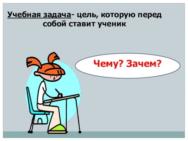 Учебная задача- цель, которую перед собой ставит ученик Чему? Зачем?