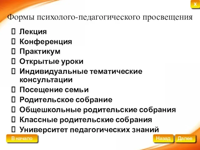 Формы психолого-педагогического просвещения Лекция Конференция Практикум Открытые уроки Индивидуальные тематические консультации Посещение