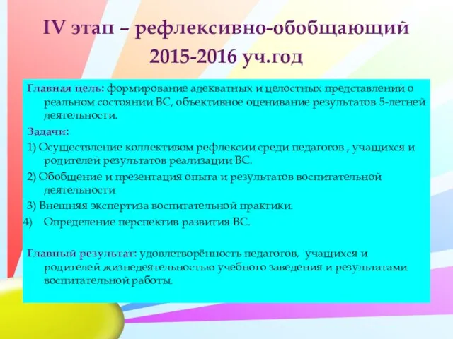 IV этап – рефлексивно-обобщающий 2015-2016 уч.год Главная цель: формирование адекватных и целостных