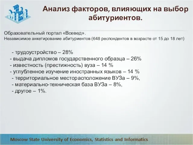 Анализ факторов, влияющих на выбор абитуриентов. Образовательный портал «Всевед». Независимое анкетирование абитуриентов