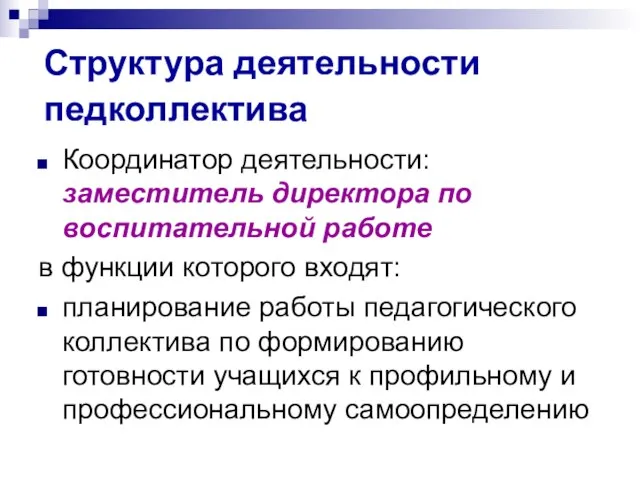 Структура деятельности педколлектива Координатор деятельности: заместитель директора по воспитательной работе в функции