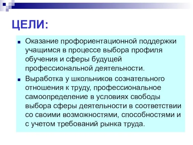 ЦЕЛИ: Оказание профориентационной поддержки учащимся в процессе выбора профиля обучения и сферы