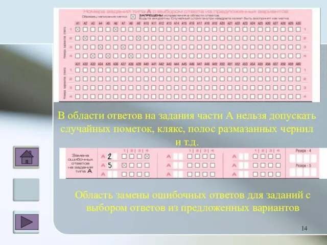 В области ответов на задания части А нельзя допускать случайных пометок, клякс,