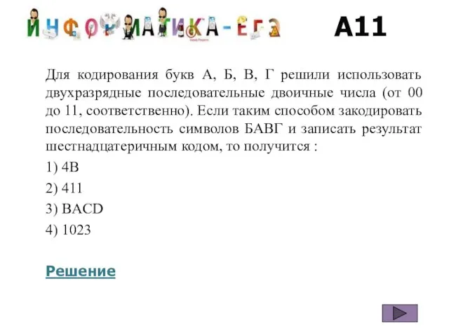 A11 Для кодирования букв А, Б, В, Г решили использовать двухразрядные последовательные