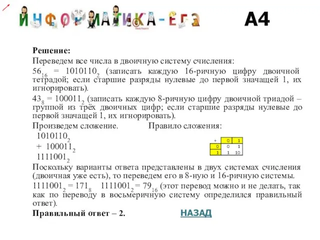 Решение: Переведем все числа в двоичную систему счисления: 5616 = 10101102 (записать