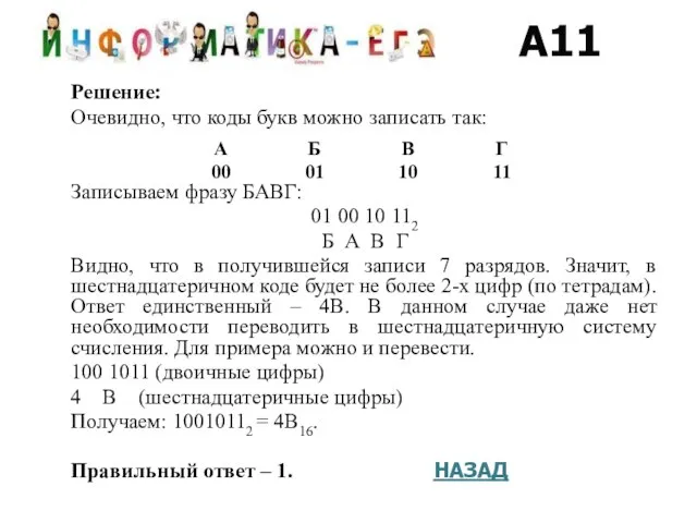 Решение: Очевидно, что коды букв можно записать так: Записываем фразу БАВГ: 01