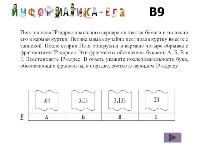 В9 Петя записал IP-адрес школьного сервера на листке бумаги и положил его