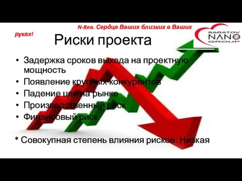 Риски проекта Задержка сроков выхода на проектную мощность Появление крупных конкурентов Падение