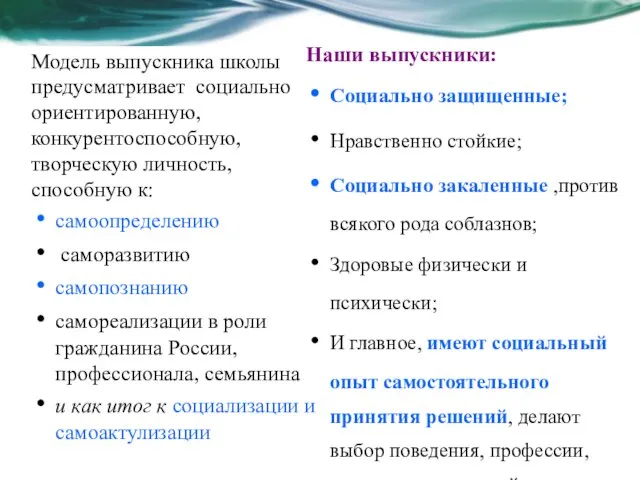 Модель выпускника школы предусматривает социально ориентированную, конкурентоспособную, творческую личность, способную к: самоопределению