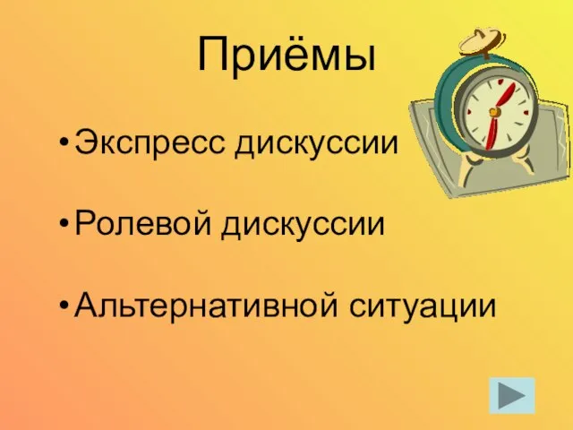 Приёмы Экспресс дискуссии Ролевой дискуссии Альтернативной ситуации