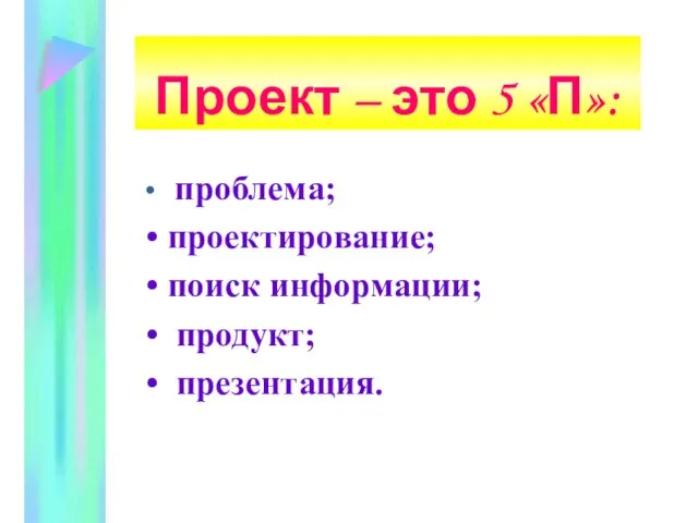 проблема; проектирование; поиск информации; продукт; презентация. Проект – это 5 «П»: