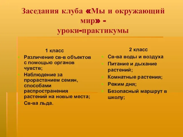 Заседания клуба «Мы и окружающий мир» - уроки-практикумы 1 класс Различение св-в