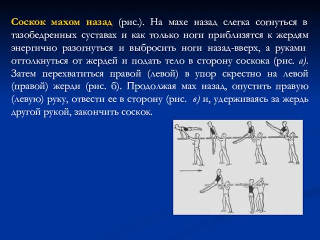 Соскок махом назад (рис.). На махе назад слегка согнуться в тазобедренных суставах