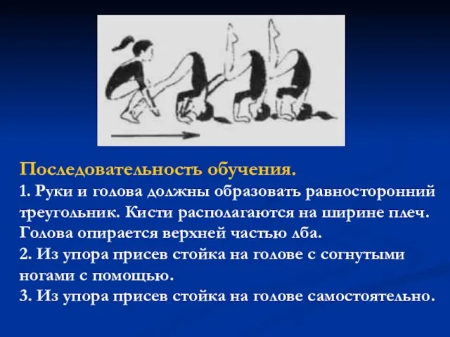 Последовательность обучения. 1. Руки и голова должны образовать равносторонний треугольник. Кисти располагаются