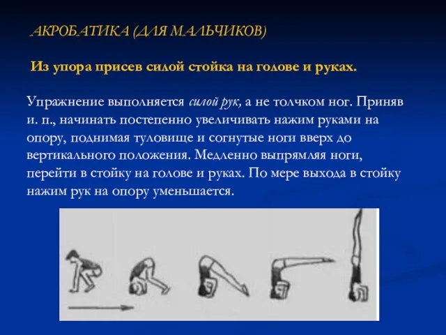 АКРОБАТИКА (ДЛЯ МАЛЬЧИКОВ) Из упора присев силой стойка на голове и руках.