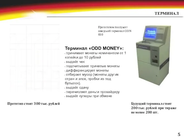 ТЕРМИНАЛ Прототипом послужит шведский терминал COIN 830 Терминал «ODD MONEY»: принимает монеты