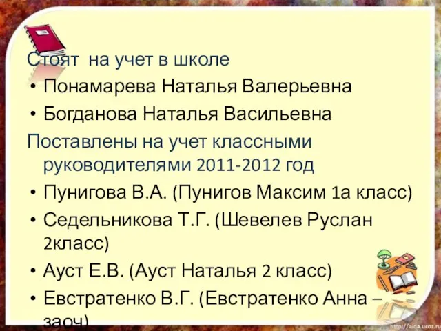 Стоят на учет в школе Понамарева Наталья Валерьевна Богданова Наталья Васильевна Поставлены