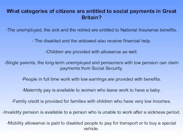 What categories of citizens are entitled to social payments in Great Britain?