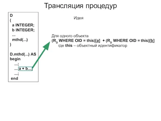 Для одного объекта (RD WHERE OID = this)[a] + (RD WHERE OID