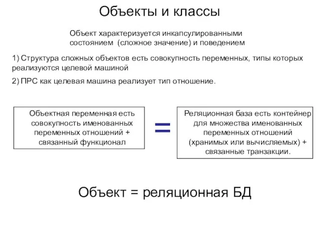 Объекты и классы Объект характеризуется инкапсулированными состоянием (сложное значение) и поведением Объектная