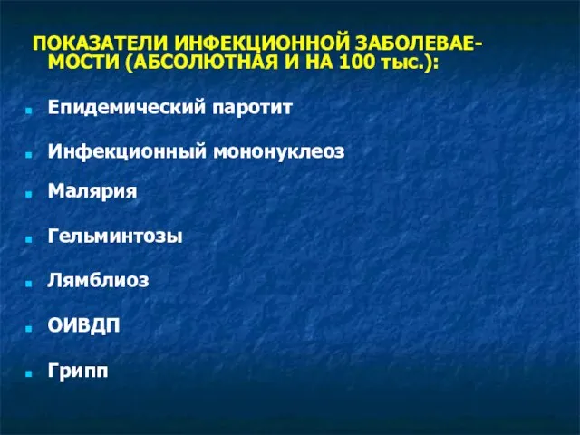 ПОКАЗАТЕЛИ ИНФЕКЦИОННОЙ ЗАБОЛЕВАЕ- МОСТИ (АБСОЛЮТНАЯ И НА 100 тыс.): Епидемический паротит Инфекционный