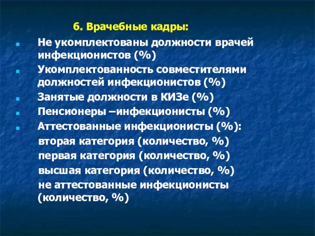 6. Врачебные кадры: Не укомплектованы должности врачей инфекционистов (%) Укомплектованность совместителями должностей