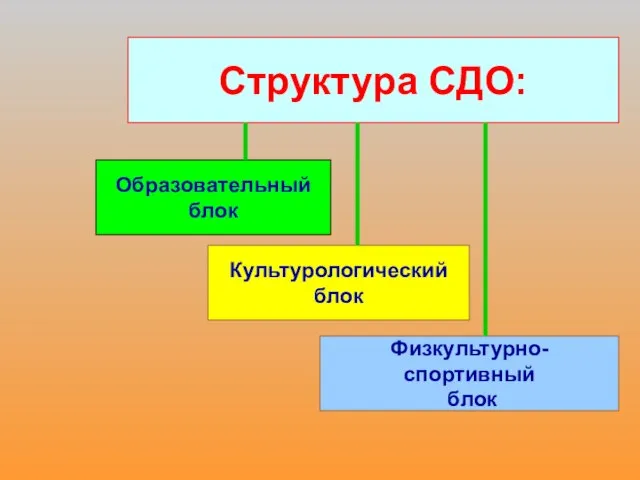 Структура СДО: Образовательный блок Культурологический блок Физкультурно-спортивный блок